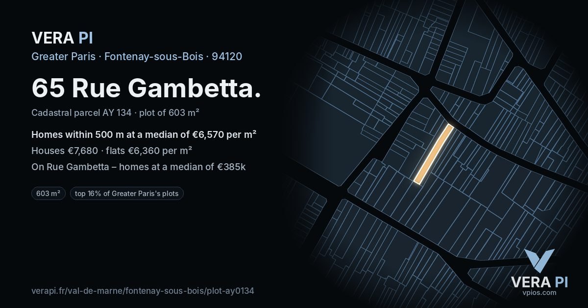 65 Rue Gambetta, Fontenay-sous-Bois at night – the plot lit, the parcels around coloured by the prices near them