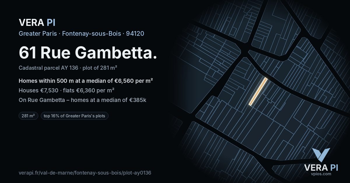61 Rue Gambetta, Fontenay-sous-Bois at night – the plot lit, the parcels around coloured by the prices near them