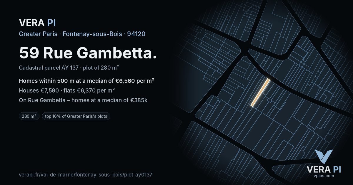 59 Rue Gambetta, Fontenay-sous-Bois at night – the plot lit, the parcels around coloured by the prices near them