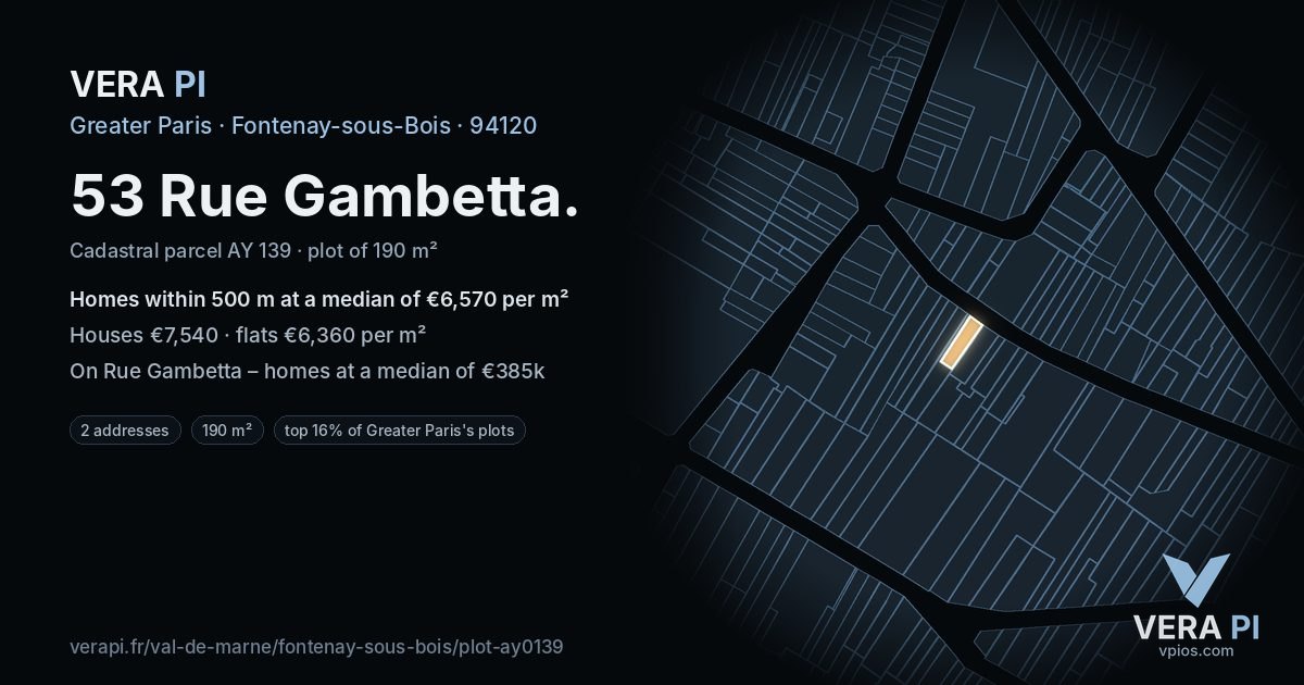 53 Rue Gambetta, Fontenay-sous-Bois at night – the plot lit, the parcels around coloured by the prices near them