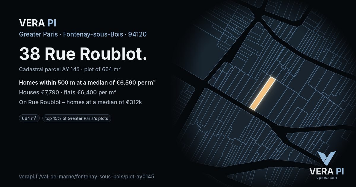 38 Rue Roublot, Fontenay-sous-Bois at night – the plot lit, the parcels around coloured by the prices near them