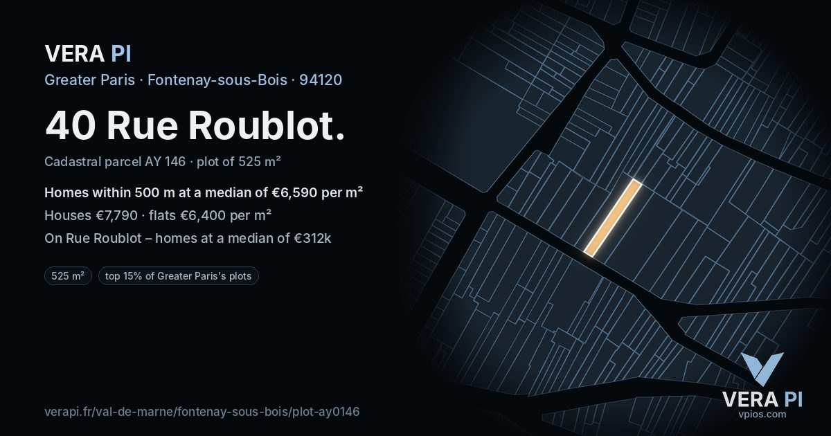 40 Rue Roublot, Fontenay-sous-Bois at night – the plot lit, the parcels around coloured by the prices near them