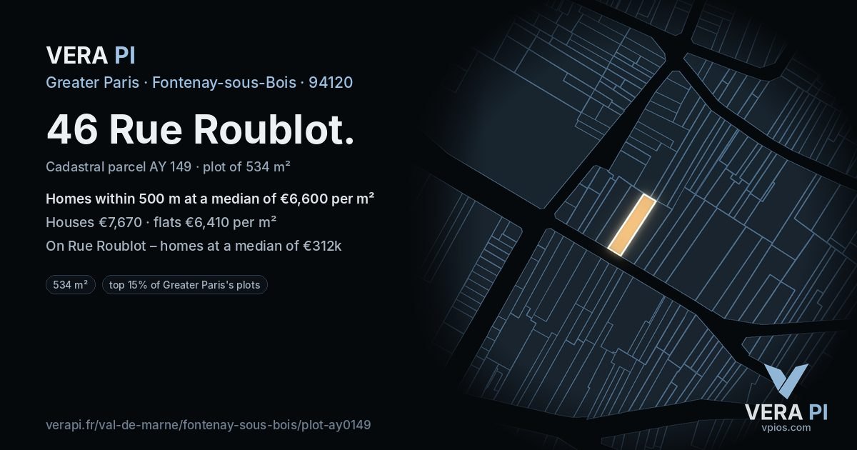 46 Rue Roublot, Fontenay-sous-Bois at night – the plot lit, the parcels around coloured by the prices near them