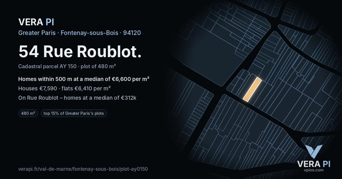 54 Rue Roublot, Fontenay-sous-Bois at night – the plot lit, the parcels around coloured by the prices near them