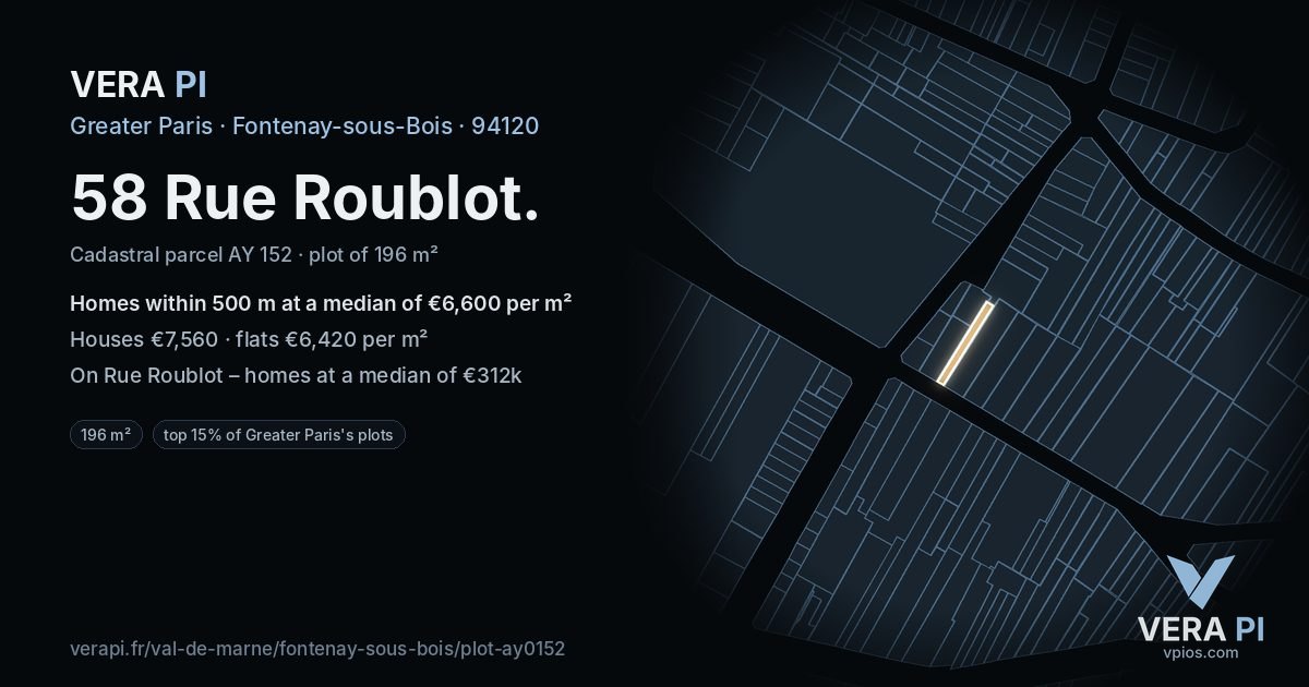 58 Rue Roublot, Fontenay-sous-Bois at night – the plot lit, the parcels around coloured by the prices near them
