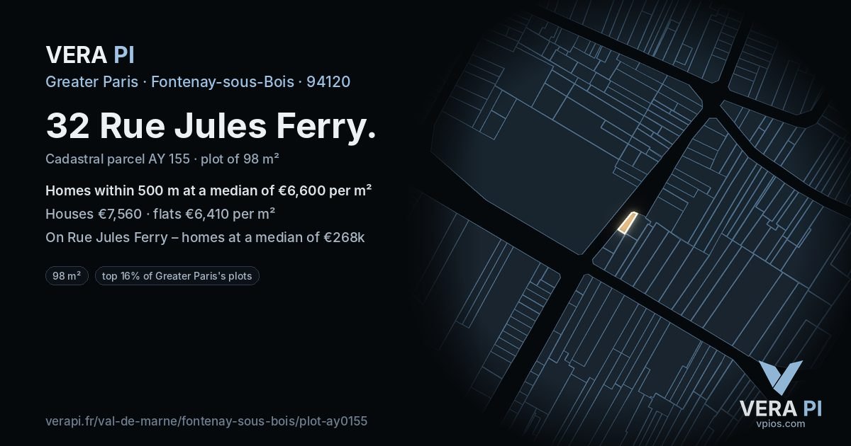 32 Rue Jules Ferry, Fontenay-sous-Bois at night – the plot lit, the parcels around coloured by the prices near them