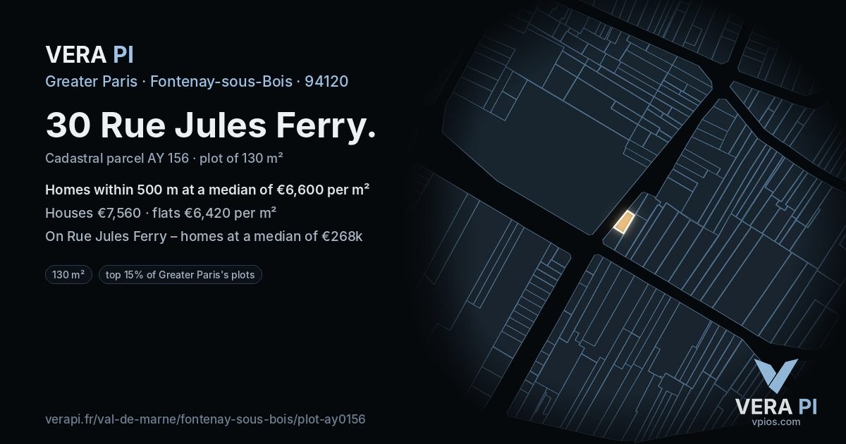 30 Rue Jules Ferry, Fontenay-sous-Bois at night – the plot lit, the parcels around coloured by the prices near them