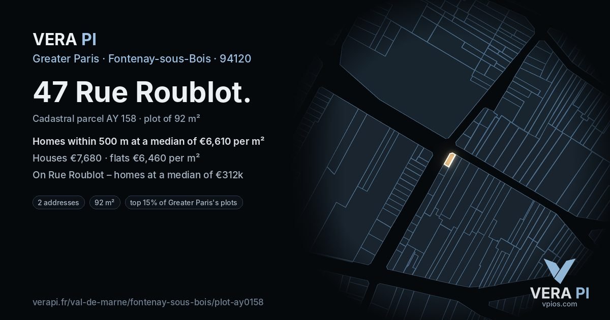 47 Rue Roublot, Fontenay-sous-Bois at night – the plot lit, the parcels around coloured by the prices near them