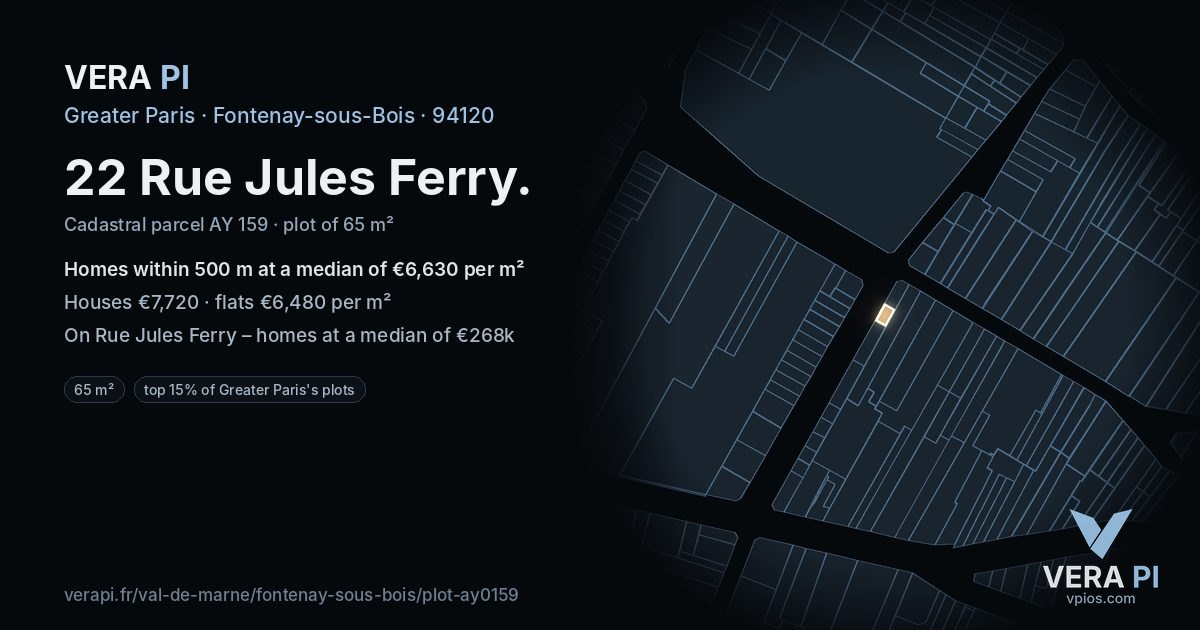 22 Rue Jules Ferry, Fontenay-sous-Bois at night – the plot lit, the parcels around coloured by the prices near them