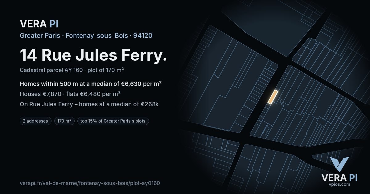 14 Rue Jules Ferry, Fontenay-sous-Bois at night – the plot lit, the parcels around coloured by the prices near them