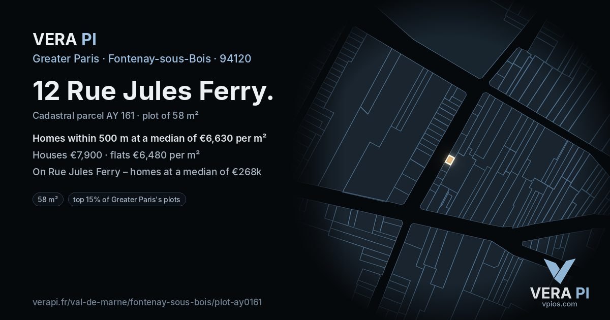 12 Rue Jules Ferry, Fontenay-sous-Bois at night – the plot lit, the parcels around coloured by the prices near them