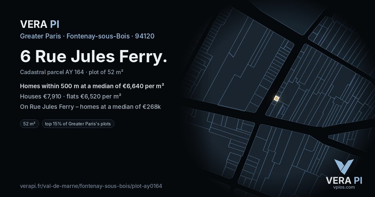 6 Rue Jules Ferry, Fontenay-sous-Bois at night – the plot lit, the parcels around coloured by the prices near them