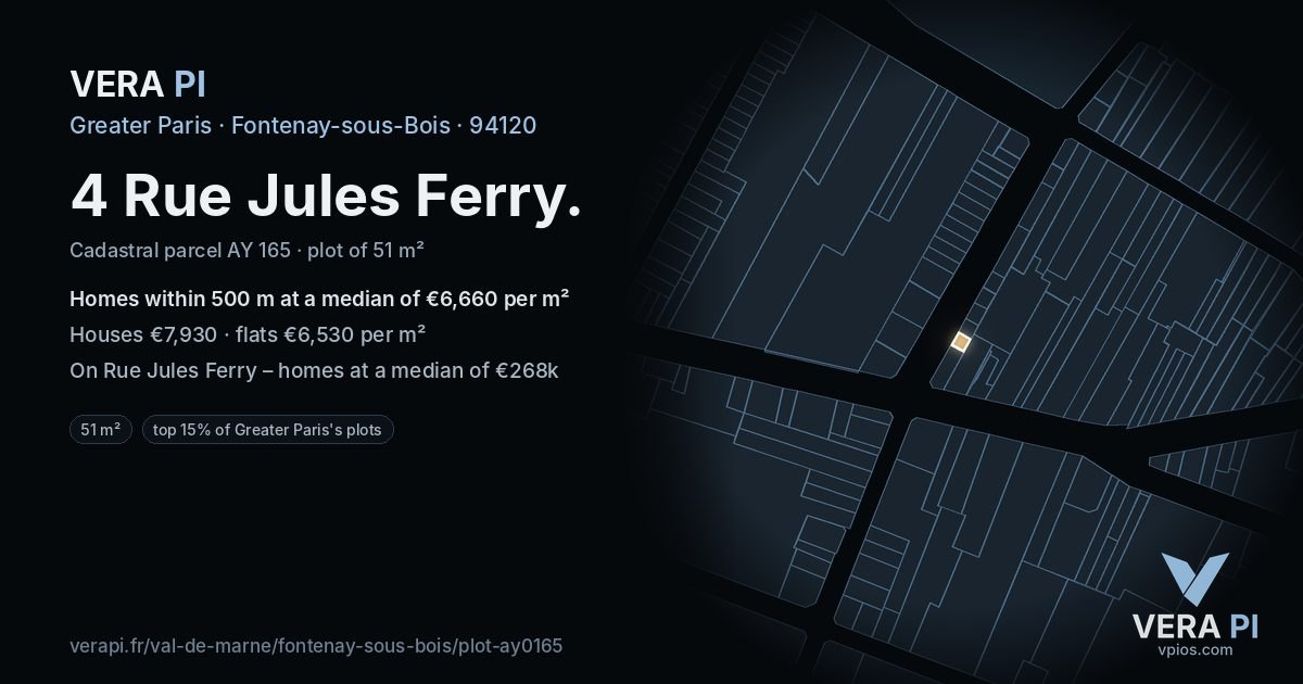 4 Rue Jules Ferry, Fontenay-sous-Bois at night – the plot lit, the parcels around coloured by the prices near them