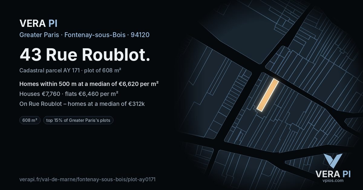 43 Rue Roublot, Fontenay-sous-Bois at night – the plot lit, the parcels around coloured by the prices near them