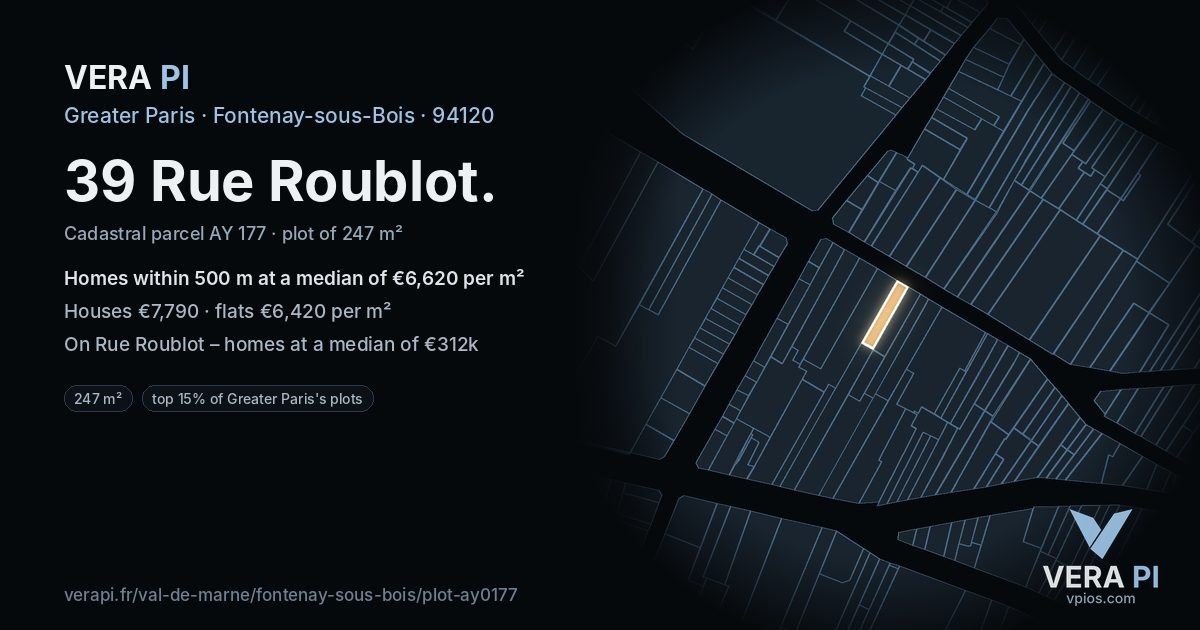 39 Rue Roublot, Fontenay-sous-Bois at night – the plot lit, the parcels around coloured by the prices near them