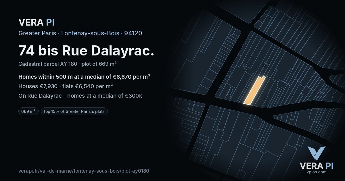 74 bis Rue Dalayrac, Fontenay-sous-Bois at night – the plot lit, the parcels around coloured by the prices near them