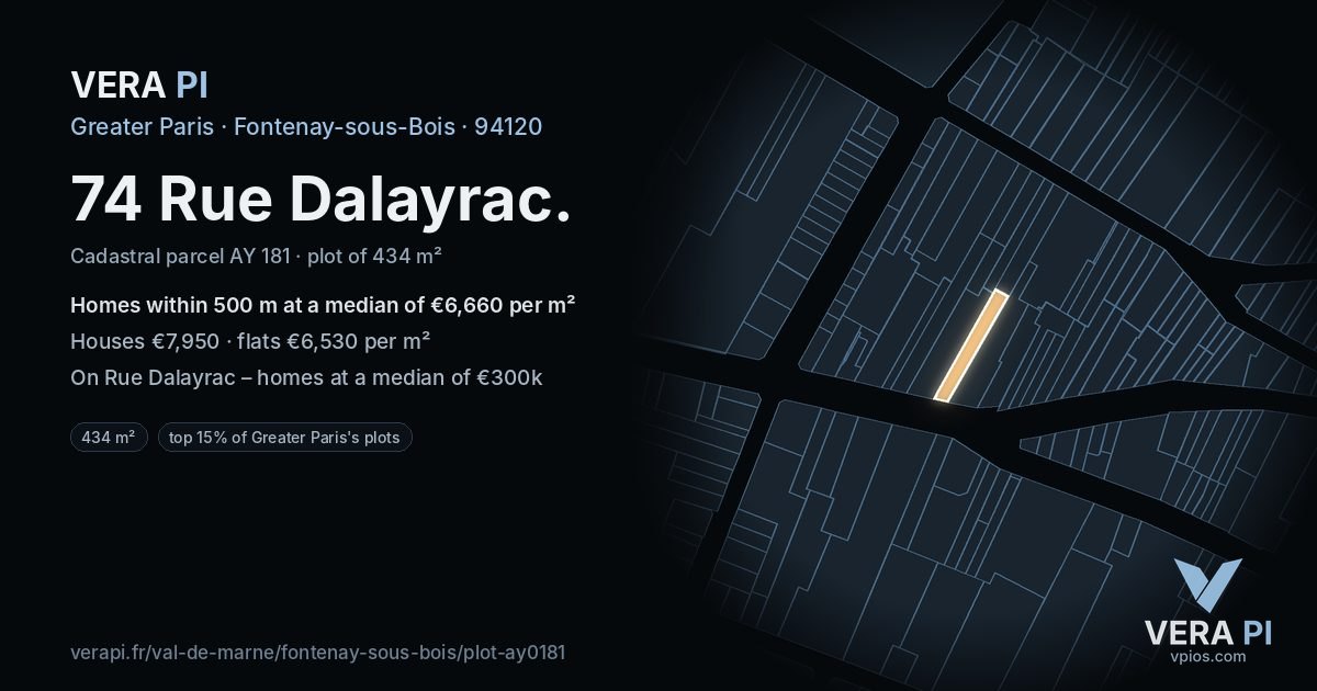 74 Rue Dalayrac, Fontenay-sous-Bois at night – the plot lit, the parcels around coloured by the prices near them