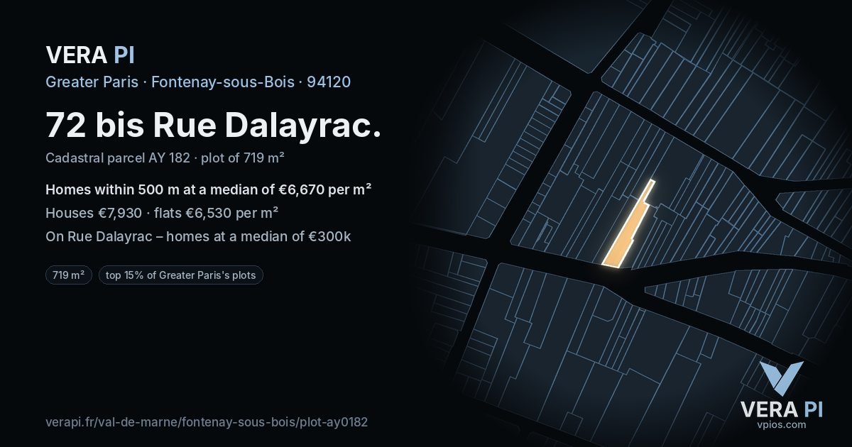 72 bis Rue Dalayrac, Fontenay-sous-Bois at night – the plot lit, the parcels around coloured by the prices near them