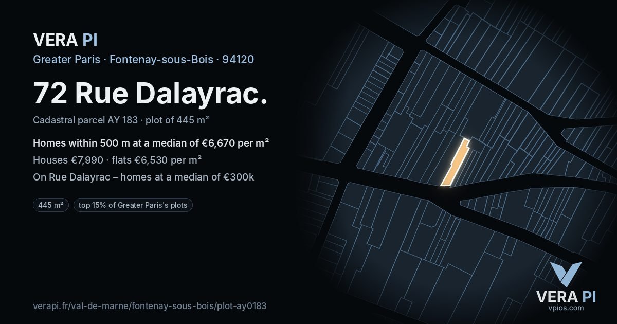 72 Rue Dalayrac, Fontenay-sous-Bois at night – the plot lit, the parcels around coloured by the prices near them