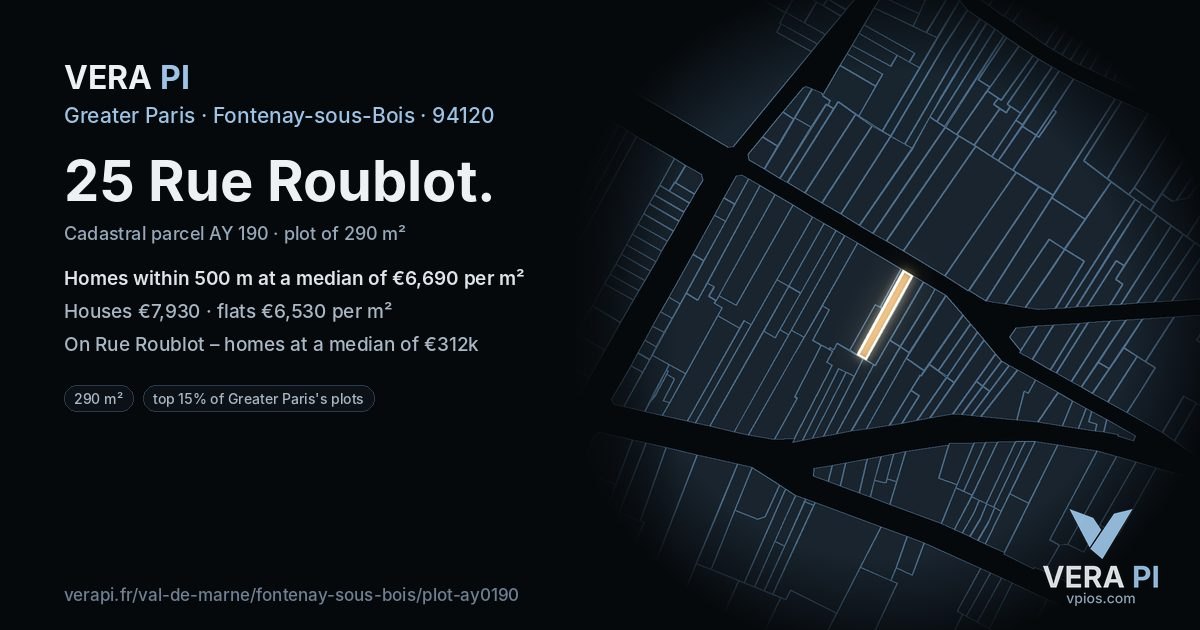 25 Rue Roublot, Fontenay-sous-Bois at night – the plot lit, the parcels around coloured by the prices near them