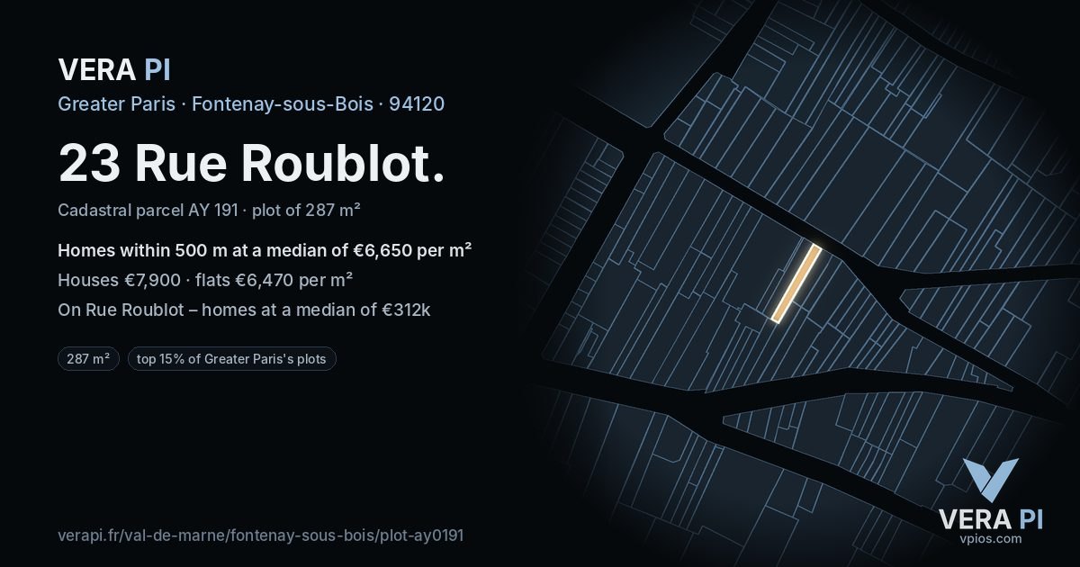 23 Rue Roublot, Fontenay-sous-Bois at night – the plot lit, the parcels around coloured by the prices near them
