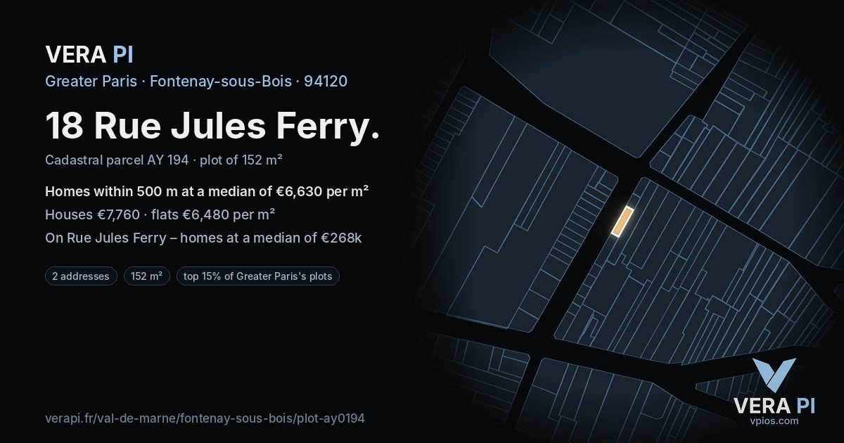 18 Rue Jules Ferry, Fontenay-sous-Bois at night – the plot lit, the parcels around coloured by the prices near them
