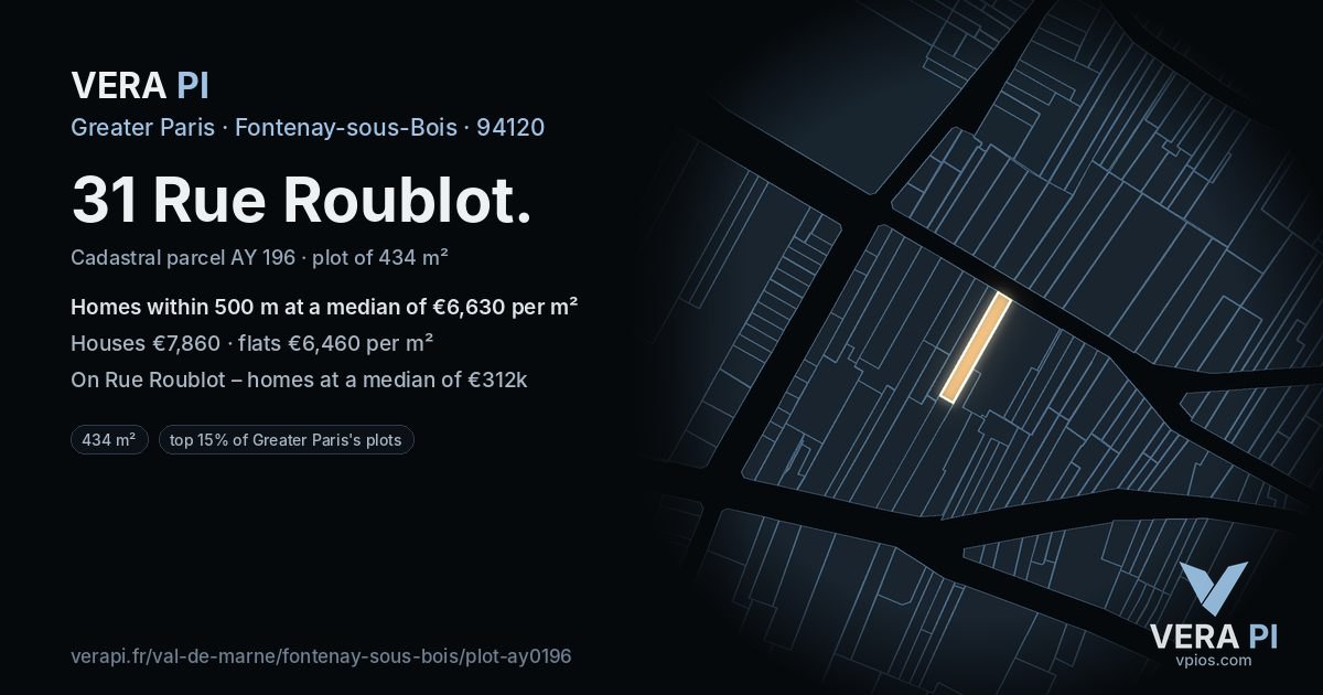 31 Rue Roublot, Fontenay-sous-Bois at night – the plot lit, the parcels around coloured by the prices near them
