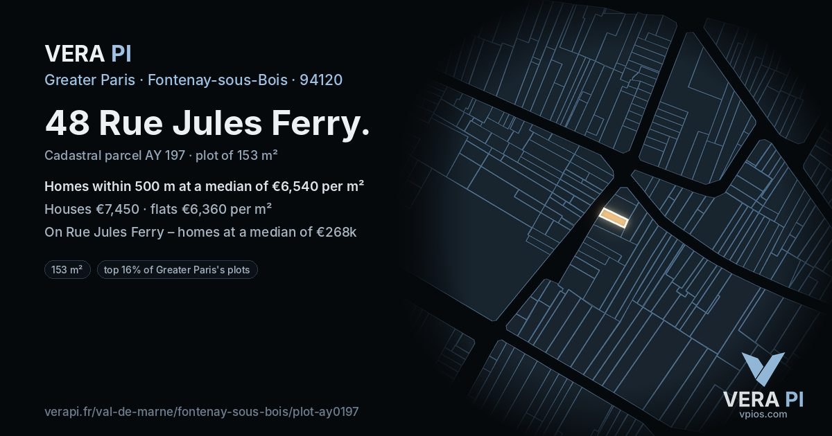 48 Rue Jules Ferry, Fontenay-sous-Bois at night – the plot lit, the parcels around coloured by the prices near them