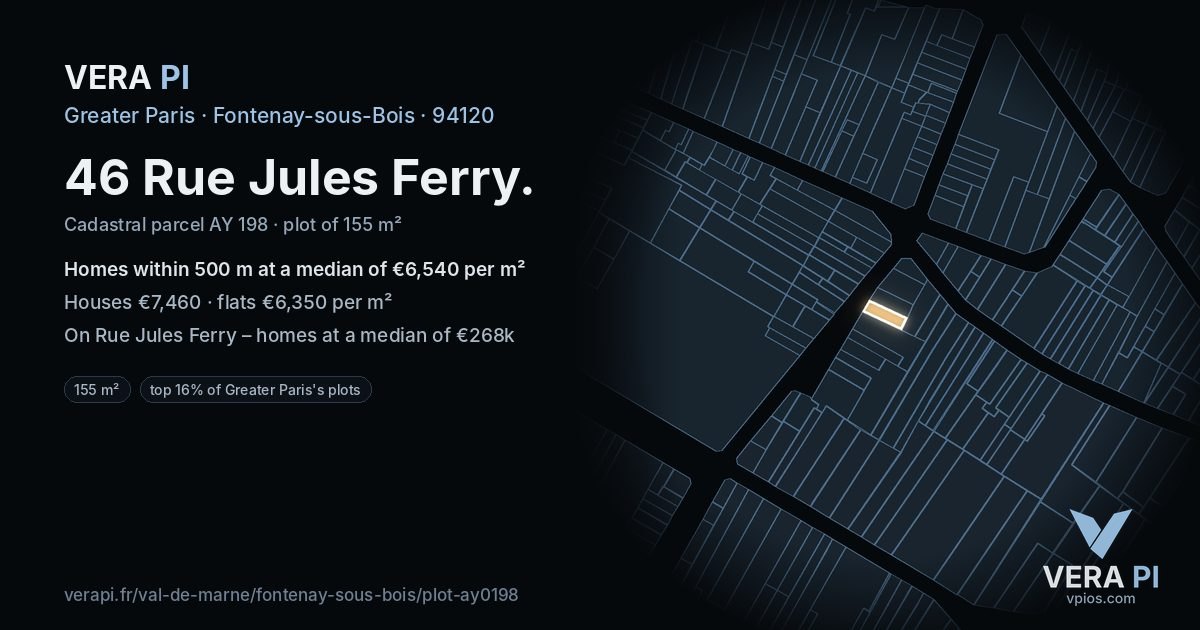 46 Rue Jules Ferry, Fontenay-sous-Bois at night – the plot lit, the parcels around coloured by the prices near them