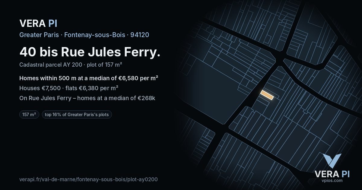 40 bis Rue Jules Ferry, Fontenay-sous-Bois at night – the plot lit, the parcels around coloured by the prices near them