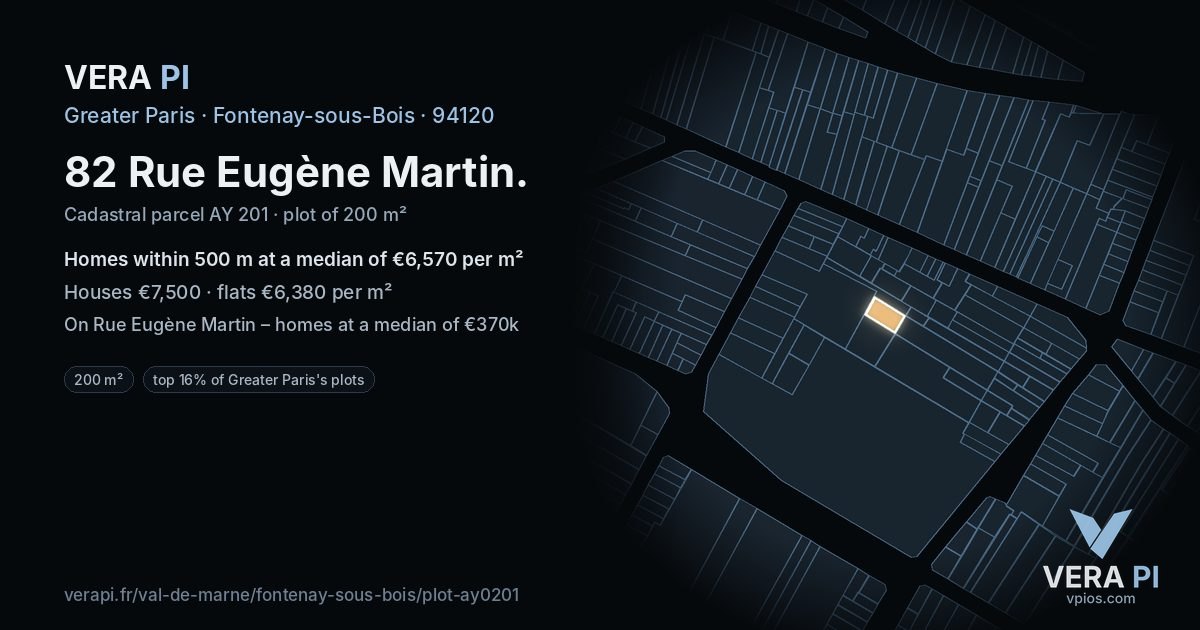 82 Rue Eugène Martin, Fontenay-sous-Bois at night – the plot lit, the parcels around coloured by the prices near them