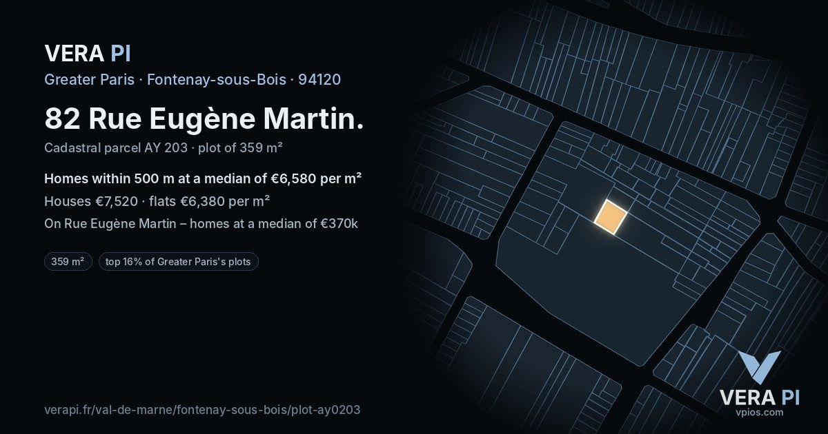 82 Rue Eugène Martin, Fontenay-sous-Bois at night – the plot lit, the parcels around coloured by the prices near them