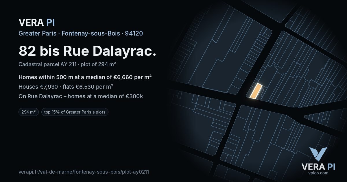 82 bis Rue Dalayrac, Fontenay-sous-Bois at night – the plot lit, the parcels around coloured by the prices near them