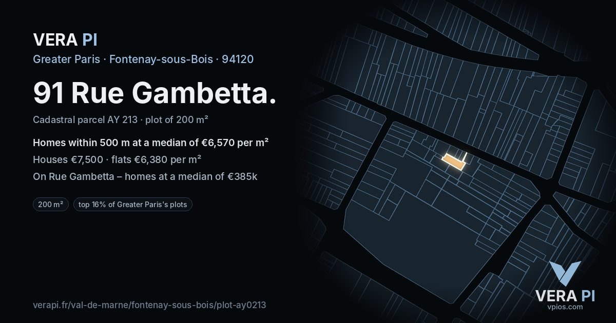 91 Rue Gambetta, Fontenay-sous-Bois at night – the plot lit, the parcels around coloured by the prices near them