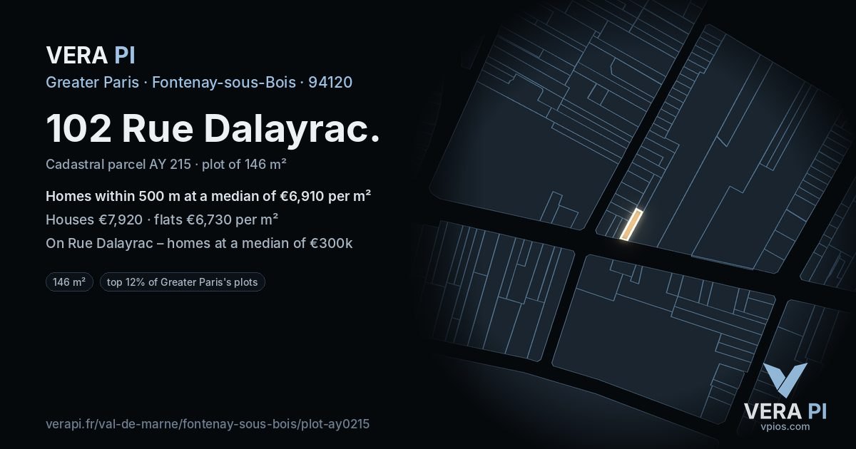 102 Rue Dalayrac, Fontenay-sous-Bois at night – the plot lit, the parcels around coloured by the prices near them