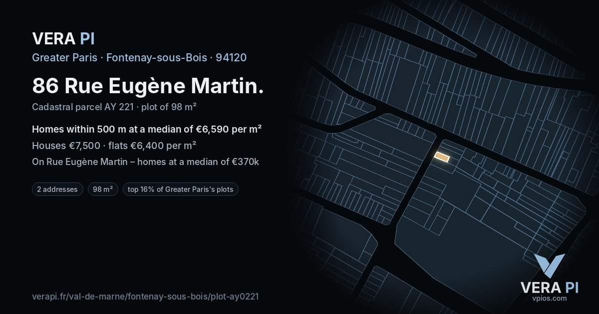 86 Rue Eugène Martin, Fontenay-sous-Bois at night – the plot lit, the parcels around coloured by the prices near them