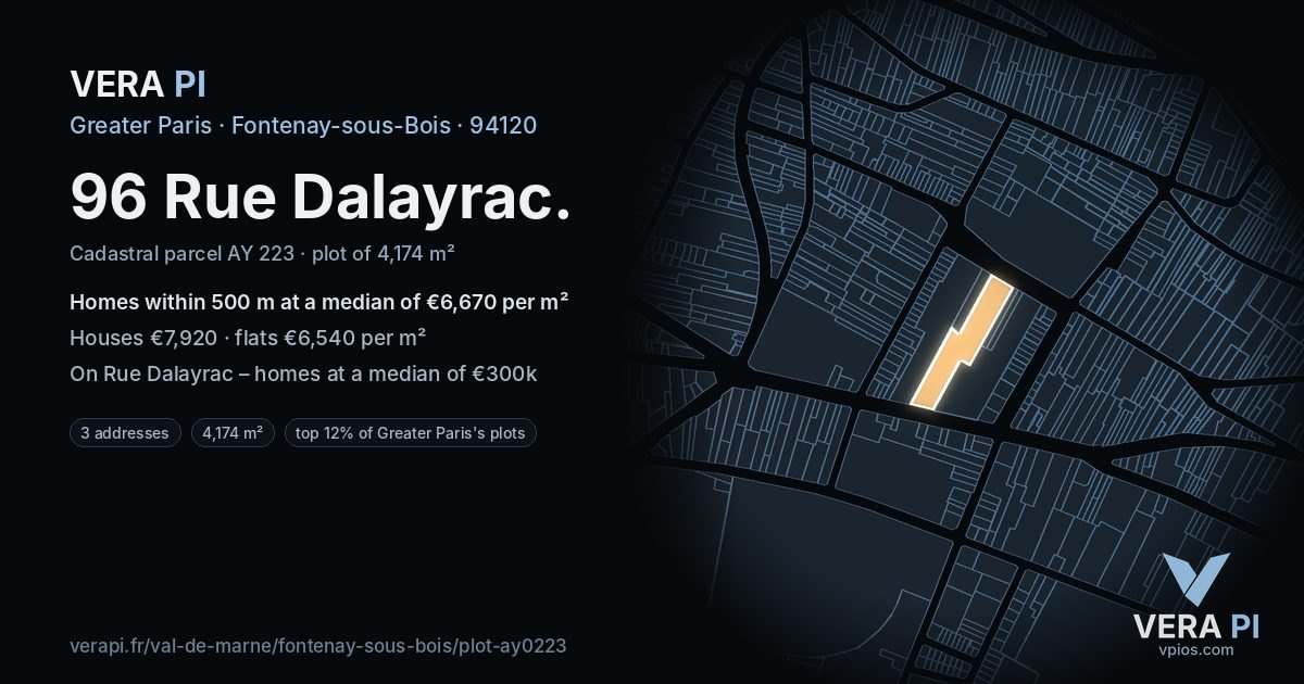 96 Rue Dalayrac, Fontenay-sous-Bois at night – the plot lit, the parcels around coloured by the prices near them