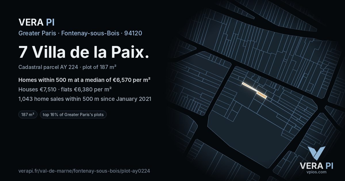 7 Villa de la Paix, Fontenay-sous-Bois at night – the plot lit, the parcels around coloured by the prices near them