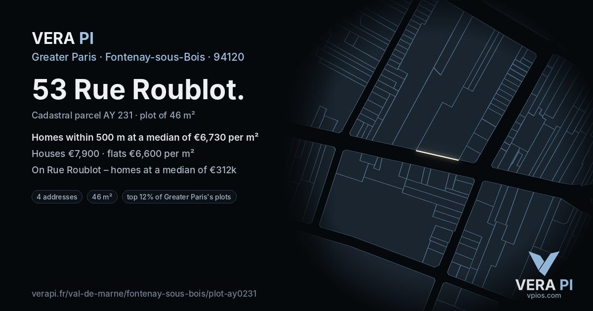 53 Rue Roublot, Fontenay-sous-Bois at night – the plot lit, the parcels around coloured by the prices near them