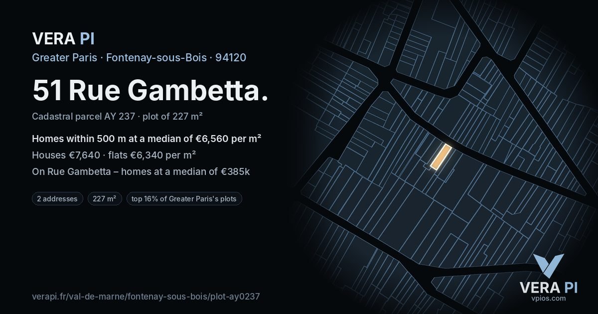 51 Rue Gambetta, Fontenay-sous-Bois at night – the plot lit, the parcels around coloured by the prices near them