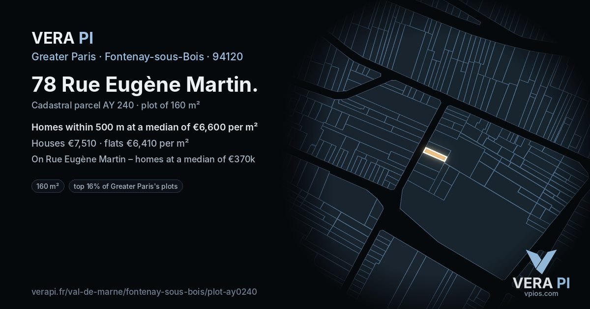 78 Rue Eugène Martin, Fontenay-sous-Bois at night – the plot lit, the parcels around coloured by the prices near them