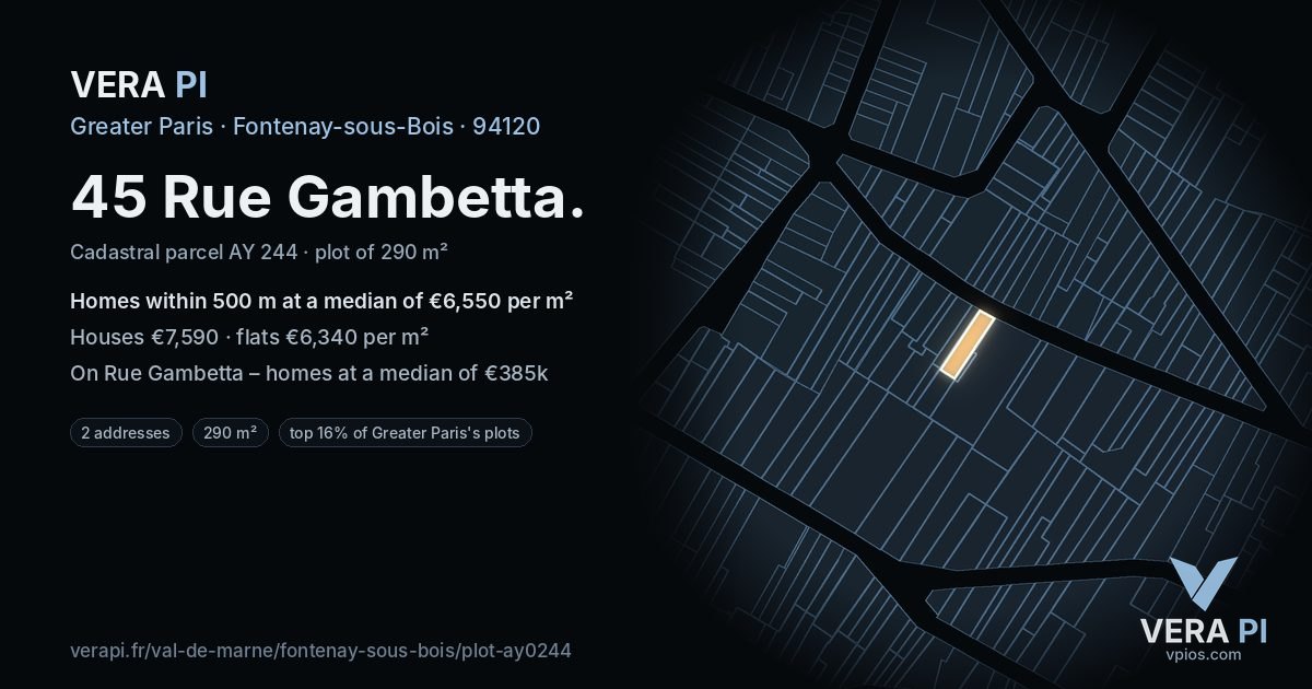 45 Rue Gambetta, Fontenay-sous-Bois at night – the plot lit, the parcels around coloured by the prices near them