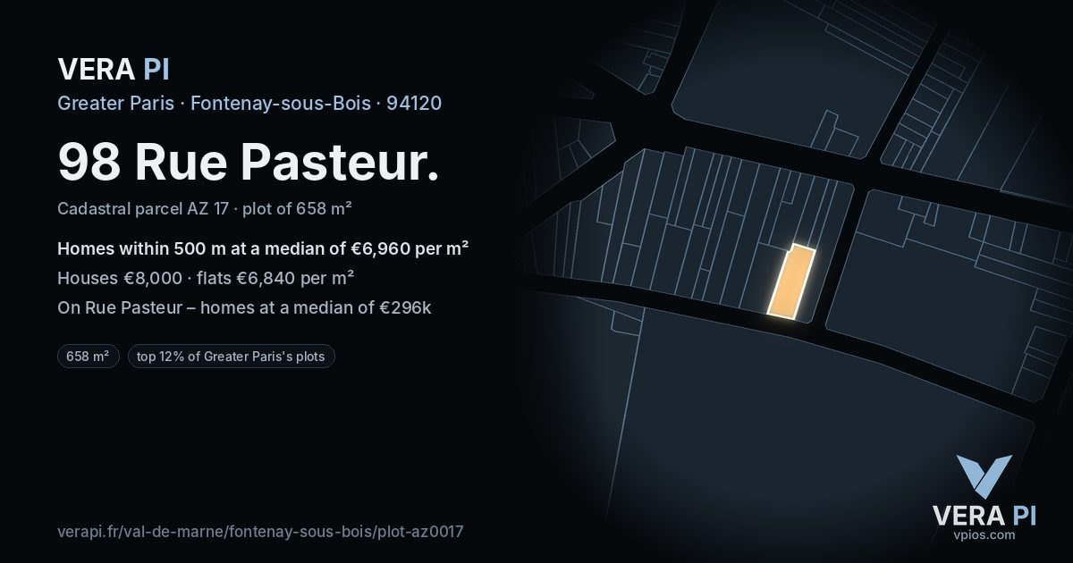 98 Rue Pasteur, Fontenay-sous-Bois at night – the plot lit, the parcels around coloured by the prices near them