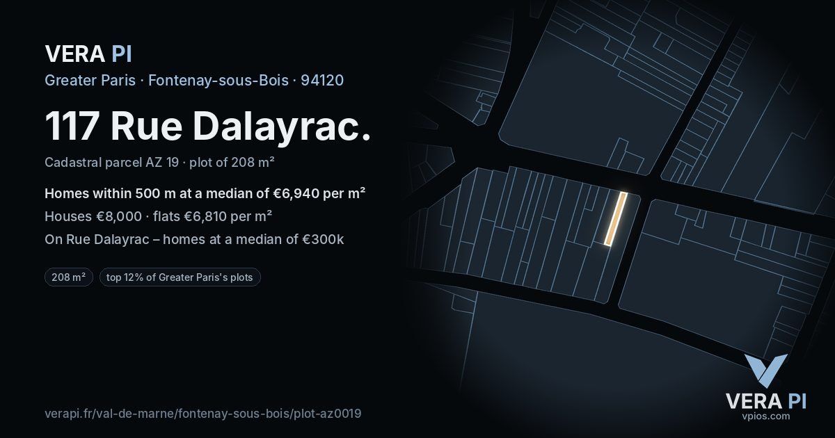 117 Rue Dalayrac, Fontenay-sous-Bois at night – the plot lit, the parcels around coloured by the prices near them