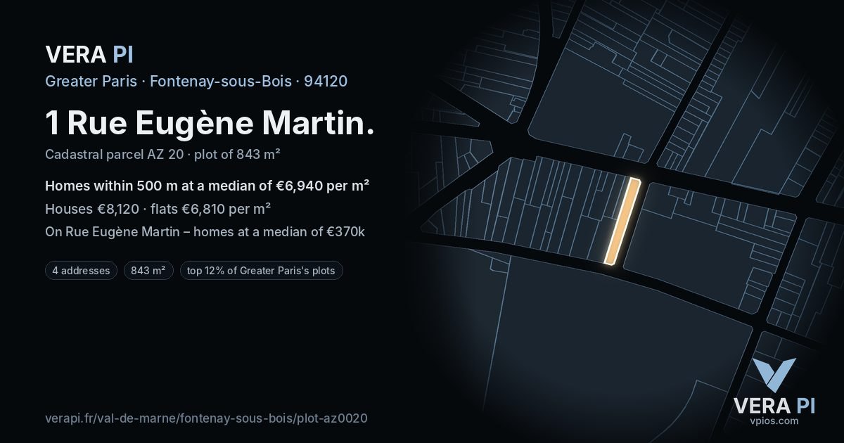 1 Rue Eugène Martin, Fontenay-sous-Bois at night – the plot lit, the parcels around coloured by the prices near them
