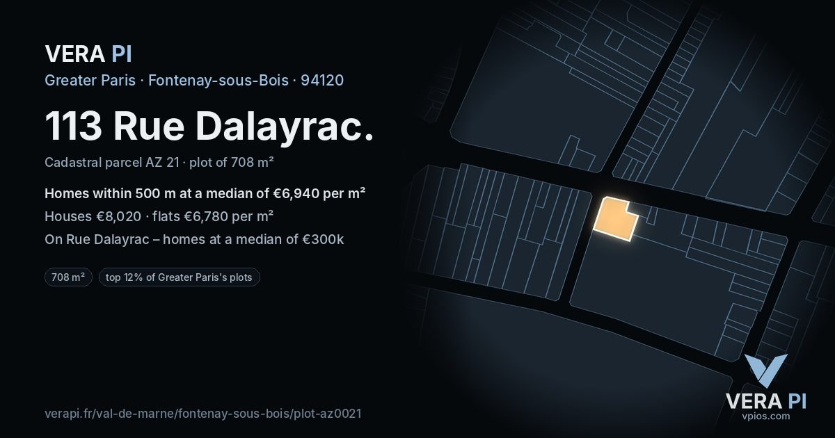 113 Rue Dalayrac, Fontenay-sous-Bois at night – the plot lit, the parcels around coloured by the prices near them