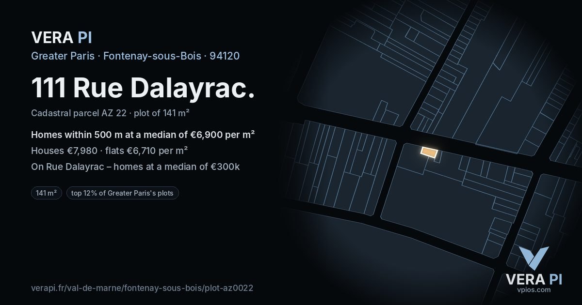 111 Rue Dalayrac, Fontenay-sous-Bois at night – the plot lit, the parcels around coloured by the prices near them