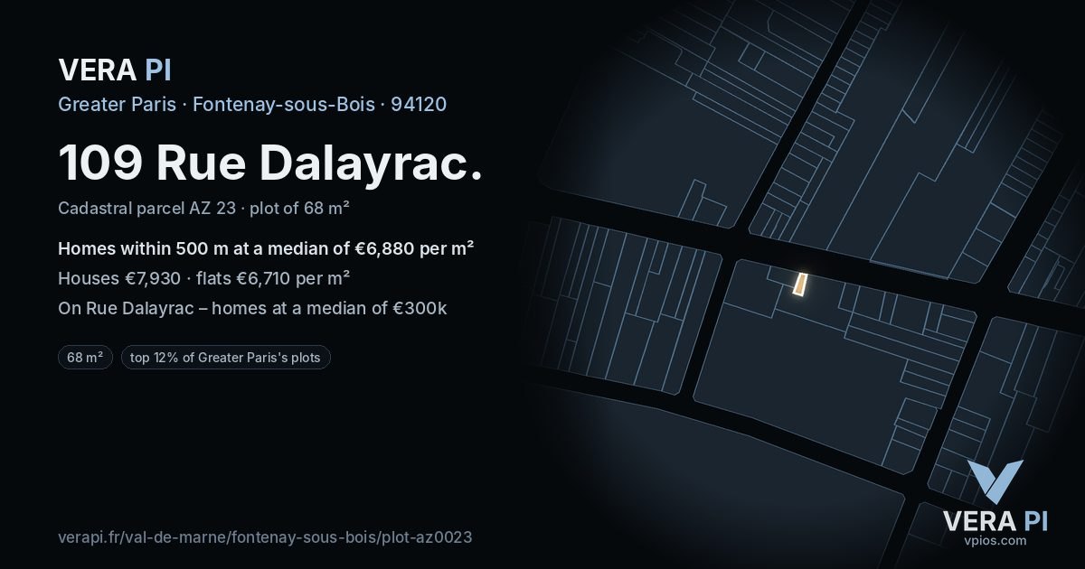 109 Rue Dalayrac, Fontenay-sous-Bois at night – the plot lit, the parcels around coloured by the prices near them