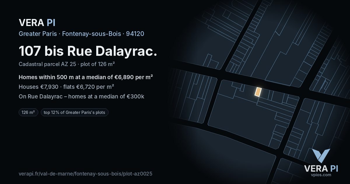107 bis Rue Dalayrac, Fontenay-sous-Bois at night – the plot lit, the parcels around coloured by the prices near them