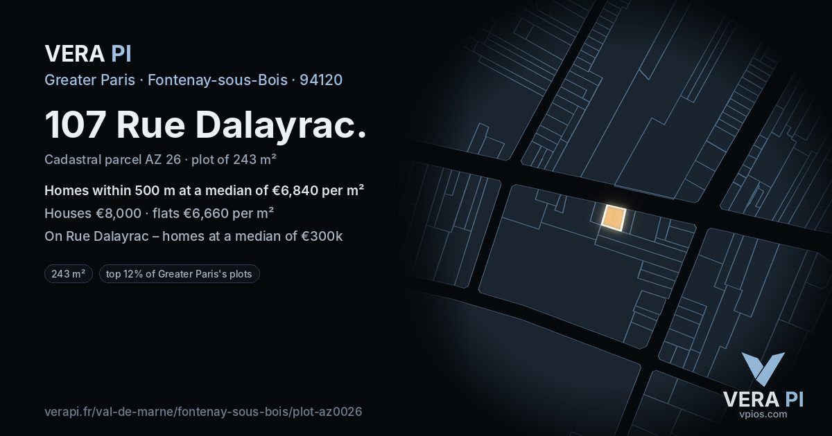107 Rue Dalayrac, Fontenay-sous-Bois at night – the plot lit, the parcels around coloured by the prices near them
